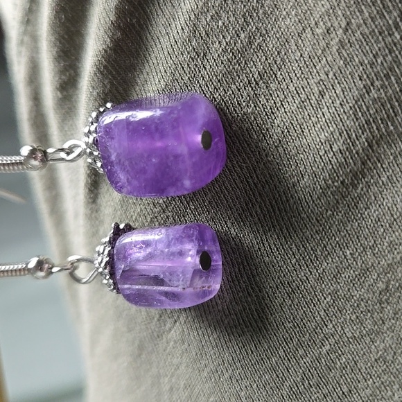 Vintange Handmade Silver Tone Purple Amethyst Dangle Earrings - Picture 9 of 16
